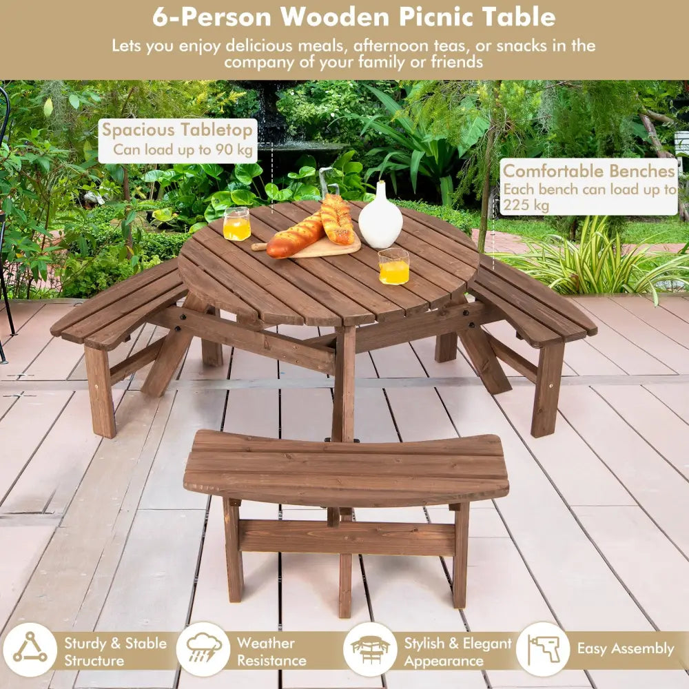 6 Person Wooden Picnic Table Set with Bench and Umbrella Hold - Picnic Tables