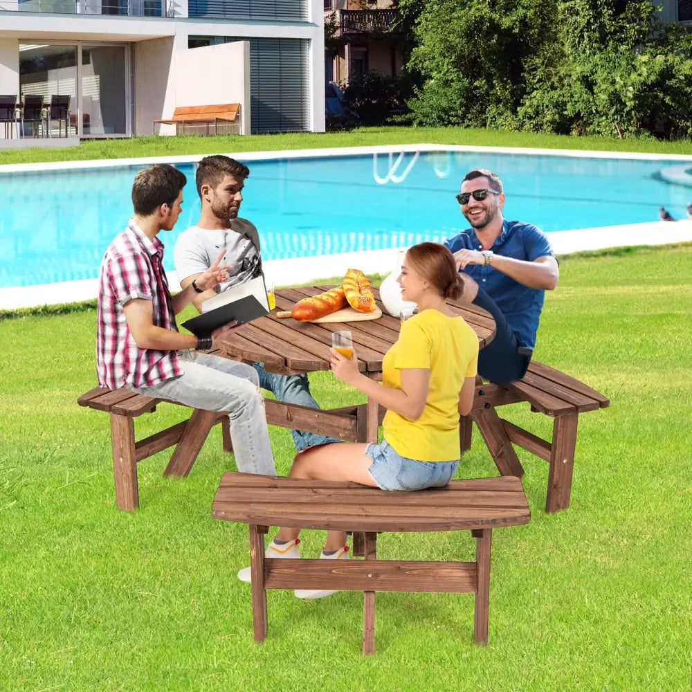6 Person Wooden Picnic Table Set with Bench and Umbrella Hold - Picnic Tables