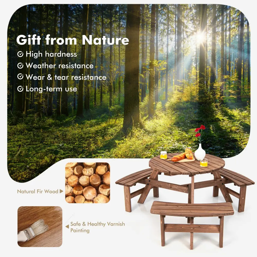 6 Person Wooden Picnic Table Set with Bench and Umbrella Hold - Picnic Tables