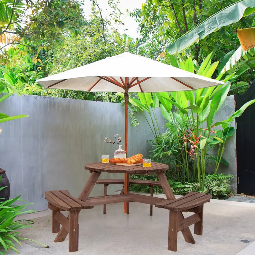 6 Person Wooden Picnic Table Set with Bench and Umbrella Hold - Picnic Tables