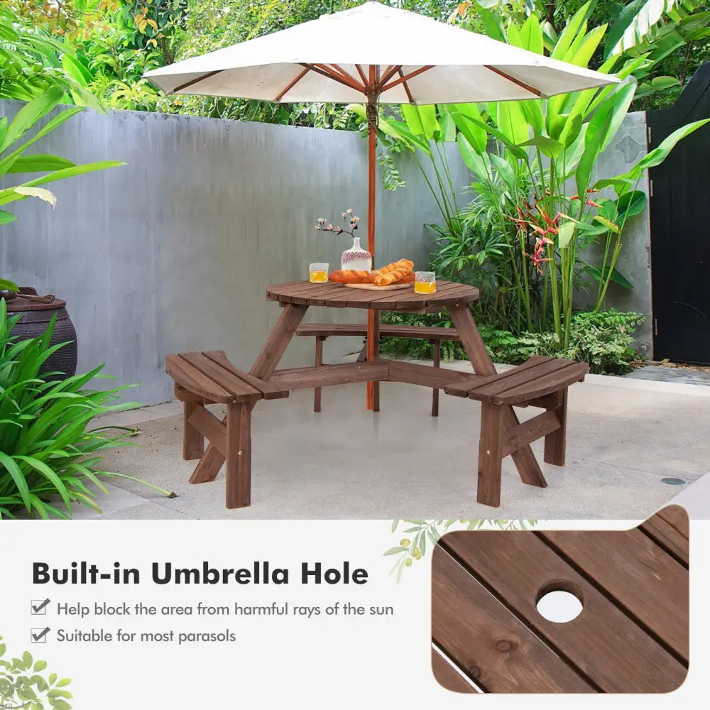 6 Person Wooden Picnic Table Set with Bench and Umbrella Hold - Picnic Tables