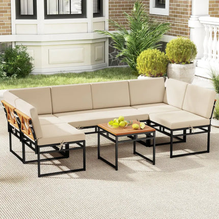 6 Piece Outdoor Sectional Sofa Set Metal Conversation Set with Cushions-Beige - Beige - Patio Conversation Sets