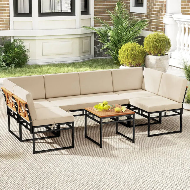 6 Piece Outdoor Sectional Sofa Set Metal Conversation Set with Cushions-Beige - Beige - Patio Conversation Sets