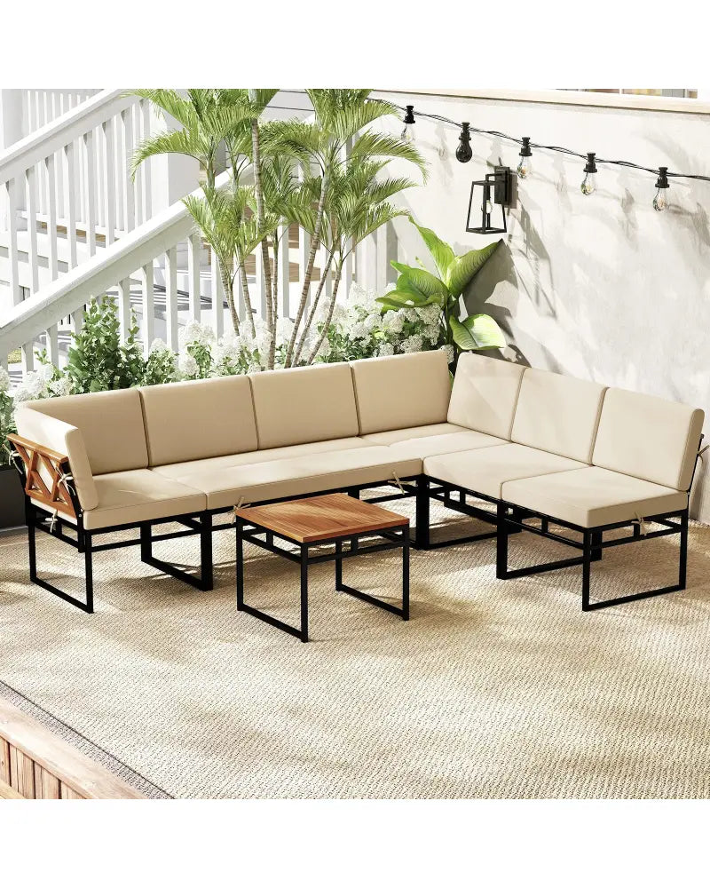 6 Piece Outdoor Sectional Sofa Set Metal Conversation Set with Cushions-Beige - Beige - Patio Conversation Sets