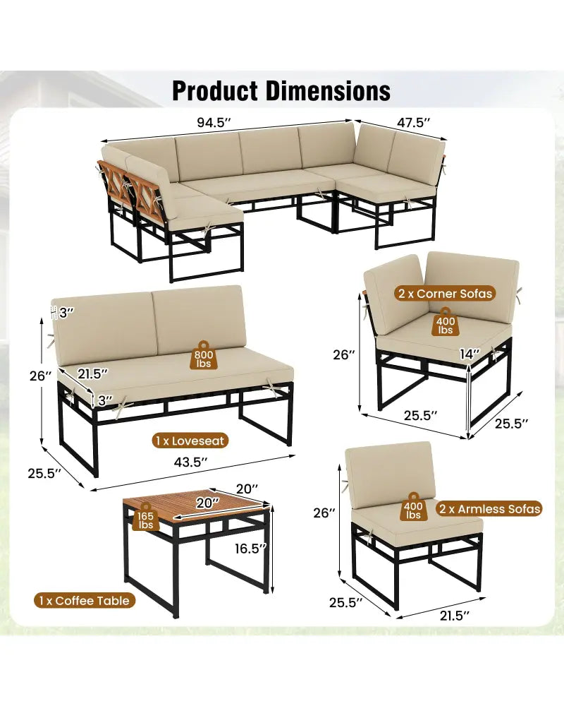 6 Piece Outdoor Sectional Sofa Set Metal Conversation Set with Cushions-Beige - Beige - Patio Conversation Sets
