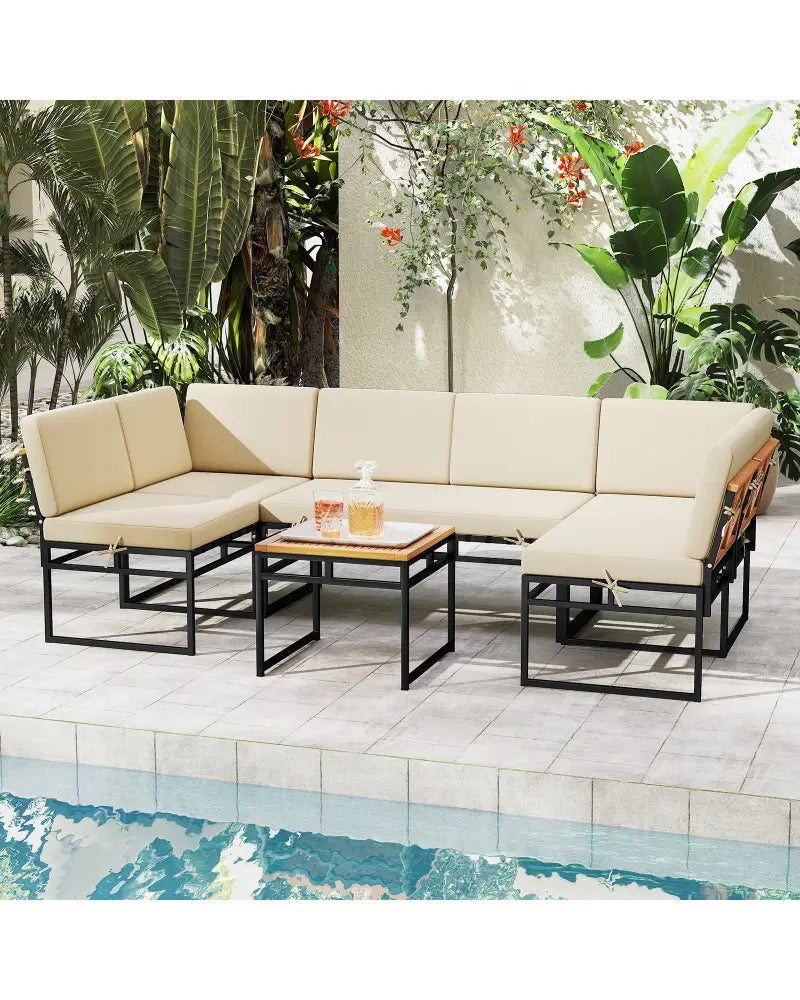 6 Piece Outdoor Sectional Sofa Set Metal Conversation Set with Cushions-Beige - Beige - Patio Conversation Sets