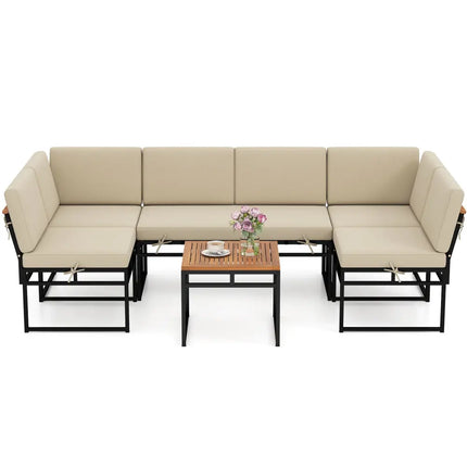 6 Piece Outdoor Sectional Sofa Set Metal Conversation Set with Cushions-Beige - Beige - Patio Conversation Sets