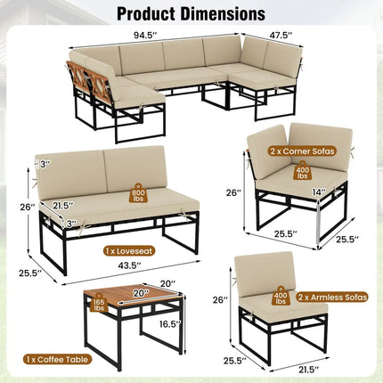 6 Piece Outdoor Sectional Sofa Set Metal Conversation Set with Cushions-Beige - Beige - Patio Conversation Sets