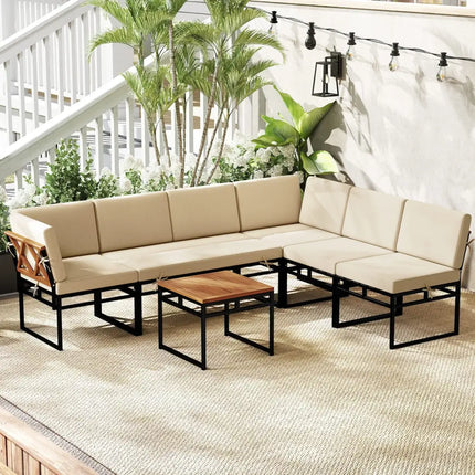 6 Piece Outdoor Sectional Sofa Set Metal Conversation Set with Cushions-Beige - Beige - Patio Conversation Sets