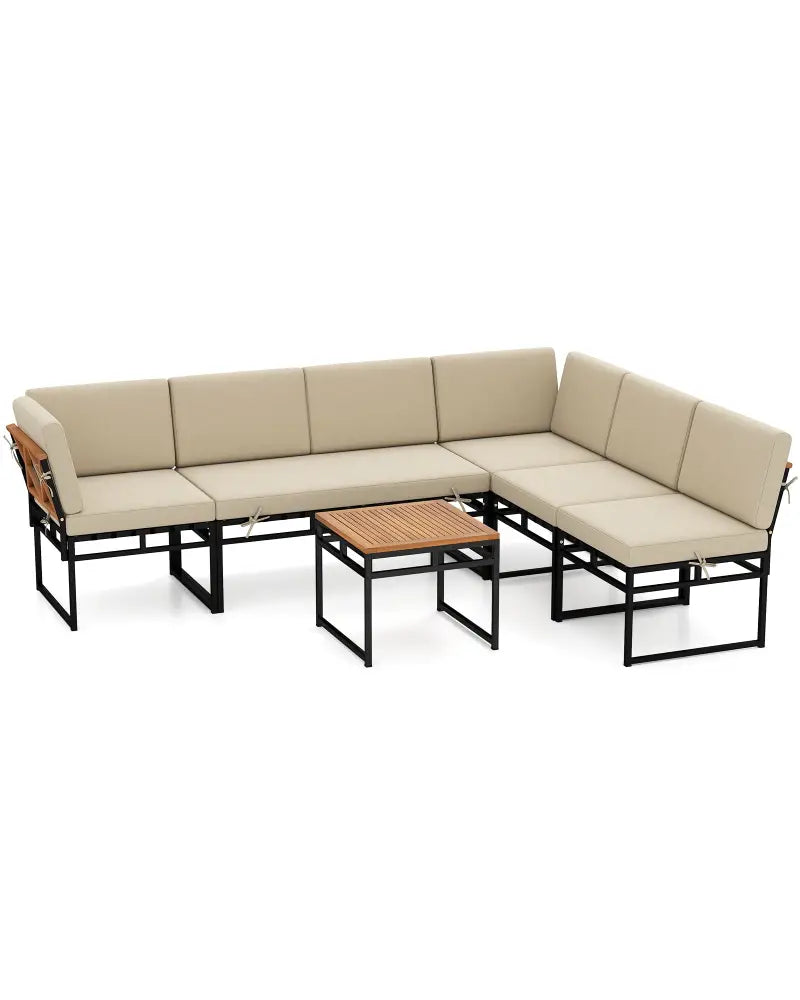 6 Piece Outdoor Sectional Sofa Set Metal Conversation Set with Cushions-Beige - Beige - Patio Conversation Sets