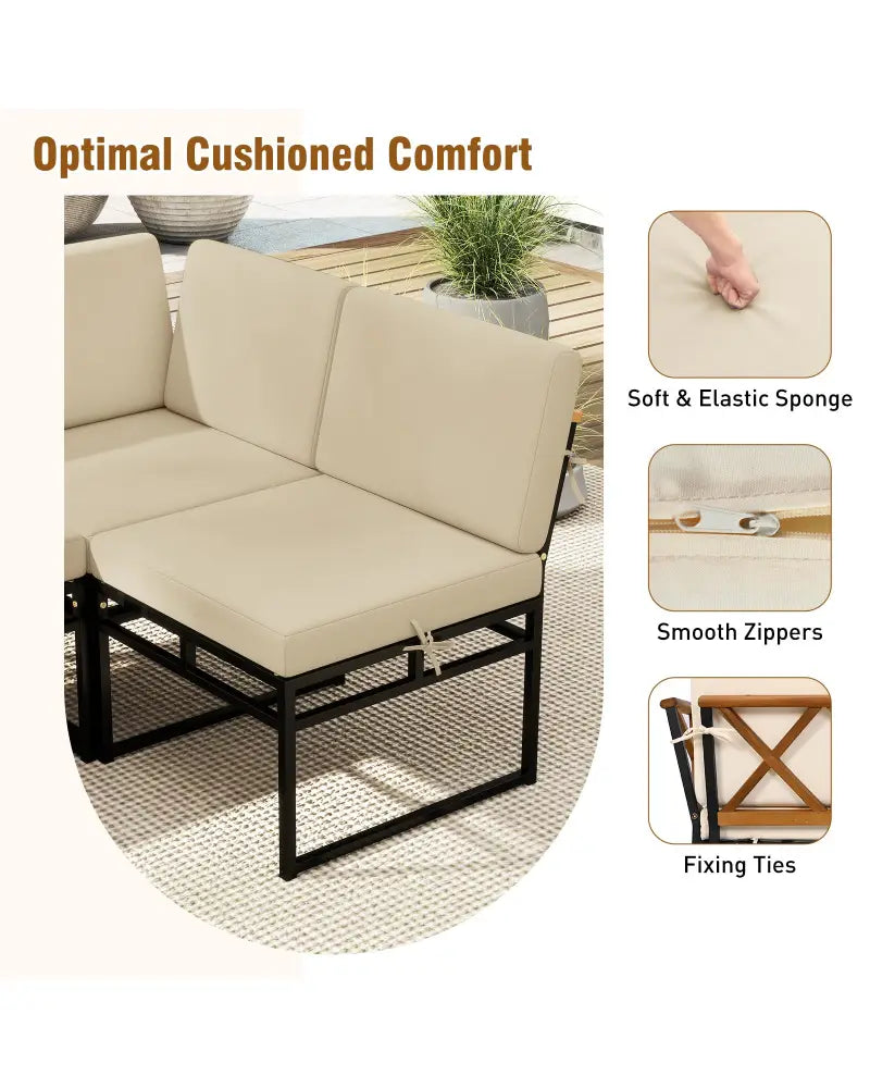 6 Piece Outdoor Sectional Sofa Set Metal Conversation Set with Cushions-Beige - Beige - Patio Conversation Sets