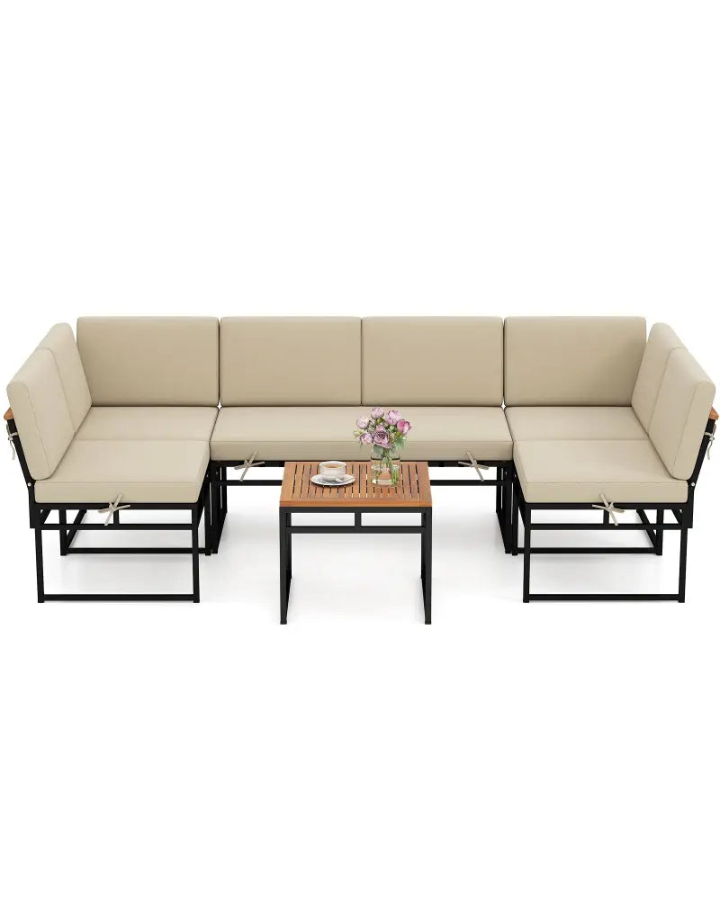 6 Piece Outdoor Sectional Sofa Set Metal Conversation Set with Cushions-Beige - Beige - Patio Conversation Sets