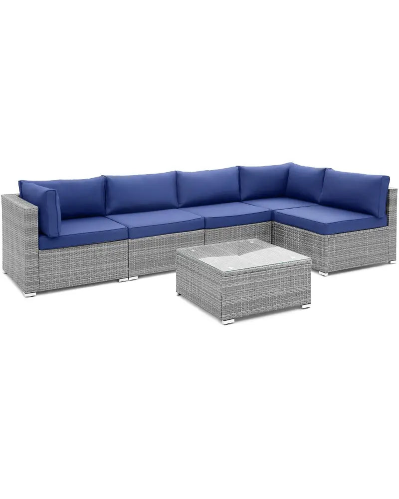 6 Piece Patio Conversation Sofa Set with Tempered Glass Coffee Table-Navy - Navy - Patio Conversation Sets