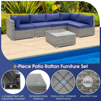 6 Piece Patio Conversation Sofa Set with Tempered Glass Coffee Table-Navy - Navy - Patio Conversation Sets