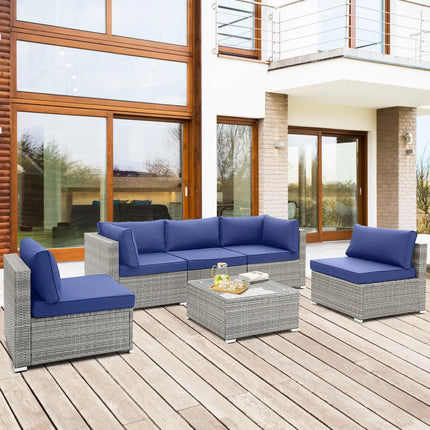 6 Piece Patio Conversation Sofa Set with Tempered Glass Coffee Table-Navy - Navy - Patio Conversation Sets