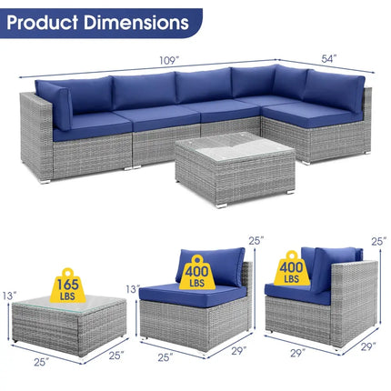 6 Piece Patio Conversation Sofa Set with Tempered Glass Coffee Table-Navy - Navy - Patio Conversation Sets