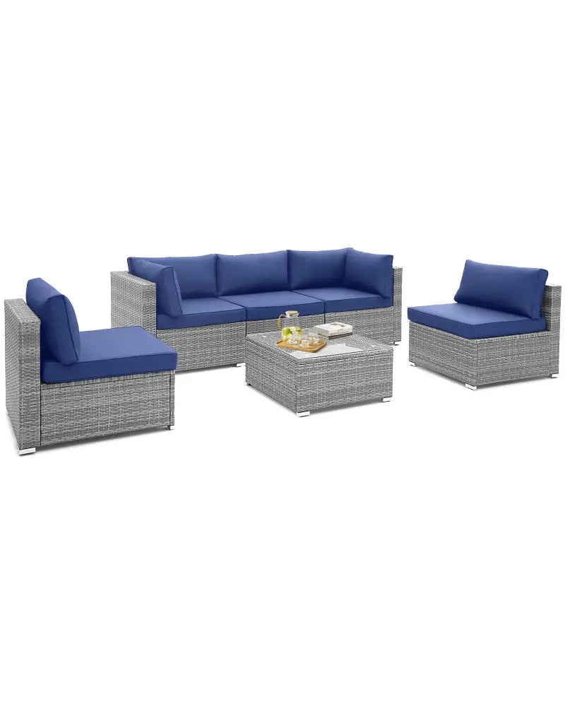 6 Piece Patio Conversation Sofa Set with Tempered Glass Coffee Table-Navy - Navy - Patio Conversation Sets