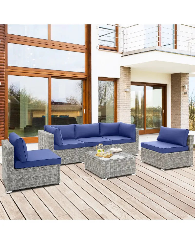 6 Piece Patio Conversation Sofa Set with Tempered Glass Coffee Table-Navy - Navy - Patio Conversation Sets