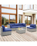 6 Piece Patio Conversation Sofa Set with Tempered Glass Coffee Table-Navy - Navy - Patio Conversation Sets