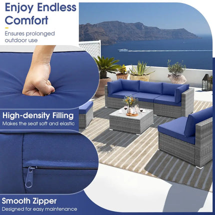 6 Piece Patio Conversation Sofa Set with Tempered Glass Coffee Table-Navy - Navy - Patio Conversation Sets