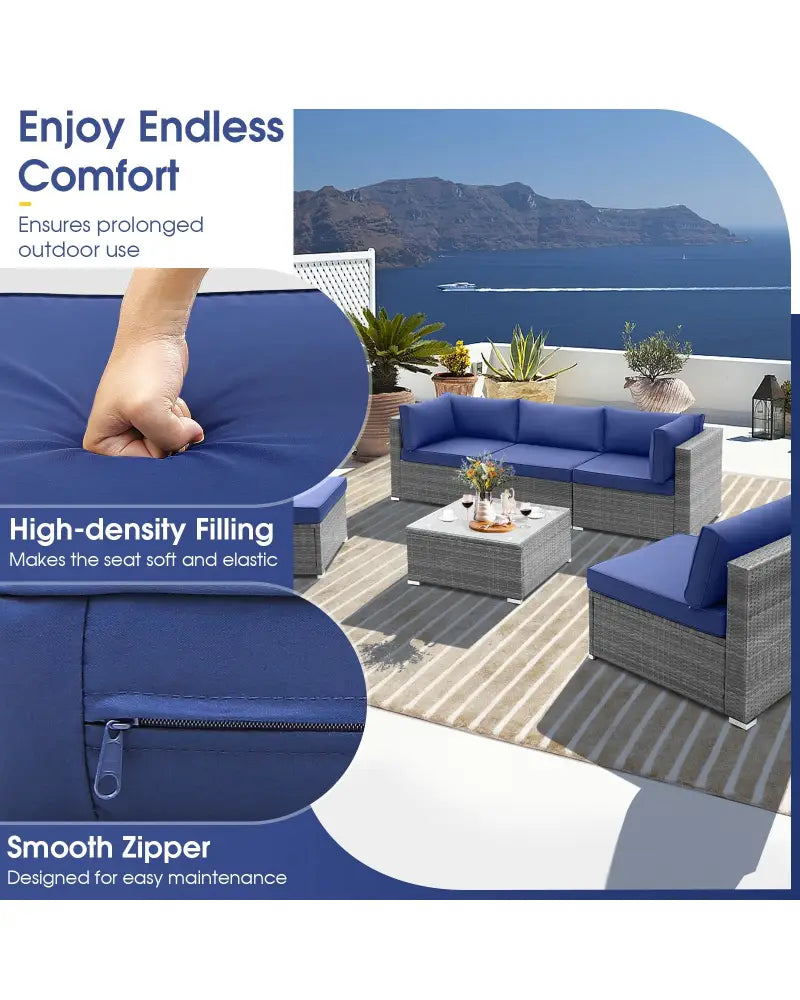 6 Piece Patio Conversation Sofa Set with Tempered Glass Coffee Table-Navy - Navy - Patio Conversation Sets