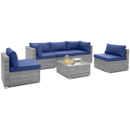 6 Piece Patio Conversation Sofa Set with Tempered Glass Coffee Table-Navy - Navy - Patio Conversation Sets