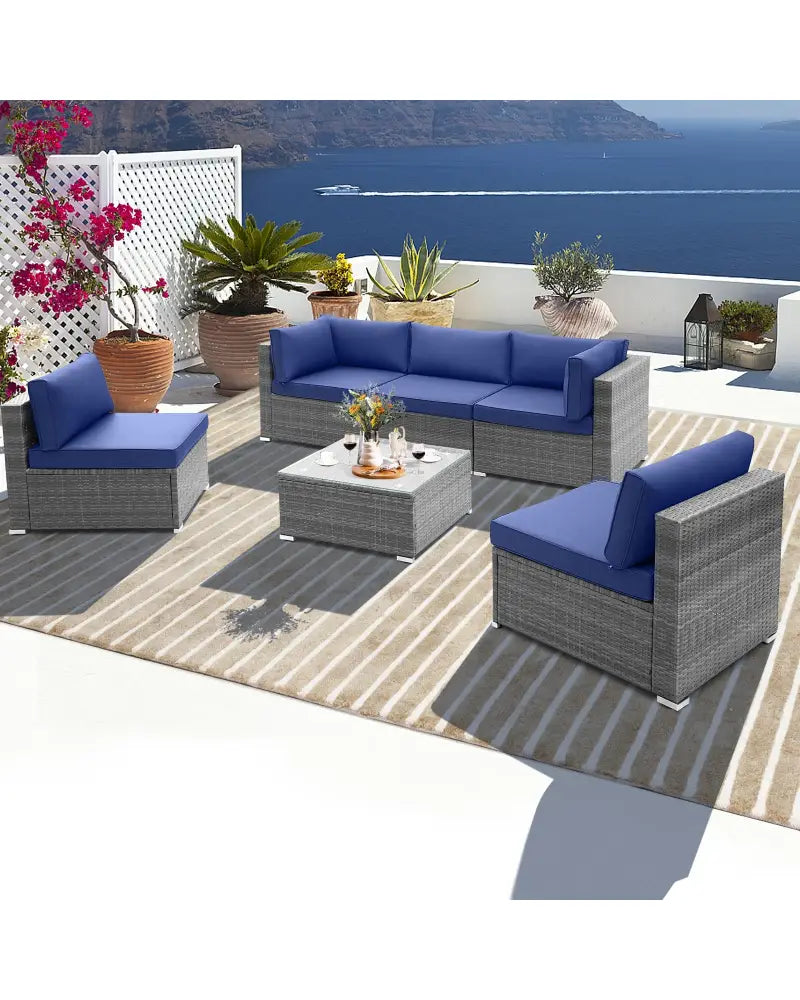 6 Piece Patio Conversation Sofa Set with Tempered Glass Coffee Table-Navy - Navy - Patio Conversation Sets