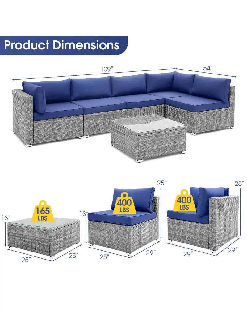 6 Piece Patio Conversation Sofa Set with Tempered Glass Coffee Table-Navy - Navy - Patio Conversation Sets