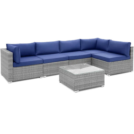6 Piece Patio Conversation Sofa Set with Tempered Glass Coffee Table-Navy - Navy - Patio Conversation Sets