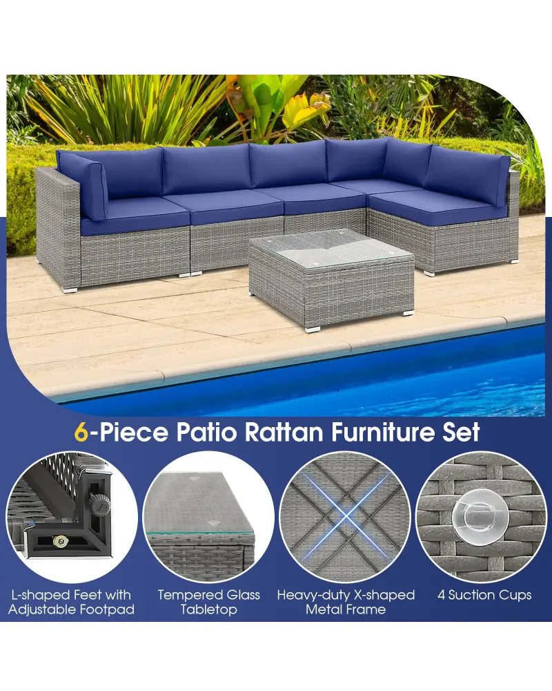 6 Piece Patio Conversation Sofa Set with Tempered Glass Coffee Table-Navy - Navy - Patio Conversation Sets