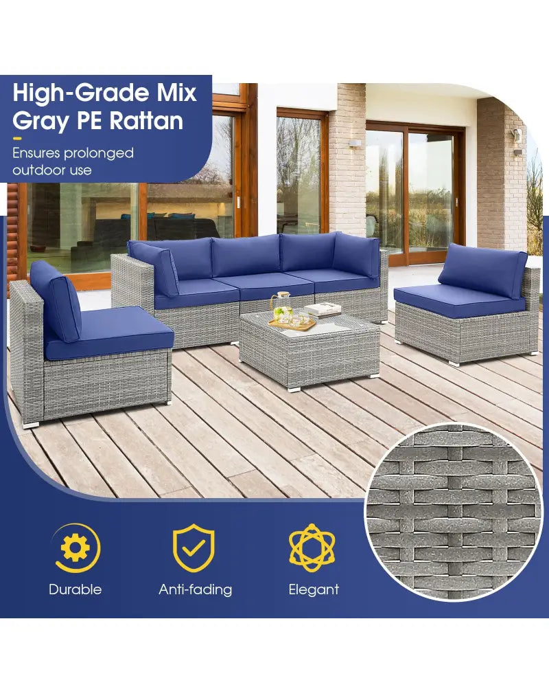 6 Piece Patio Conversation Sofa Set with Tempered Glass Coffee Table-Navy - Navy - Patio Conversation Sets