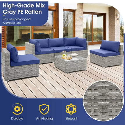 6 Piece Patio Conversation Sofa Set with Tempered Glass Coffee Table-Navy - Navy - Patio Conversation Sets