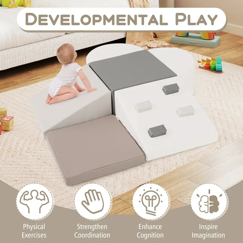 6-Piece Soft Play Set for Toddlers with Climbing Triangle and Ramp-White - White - Climbers & Slides