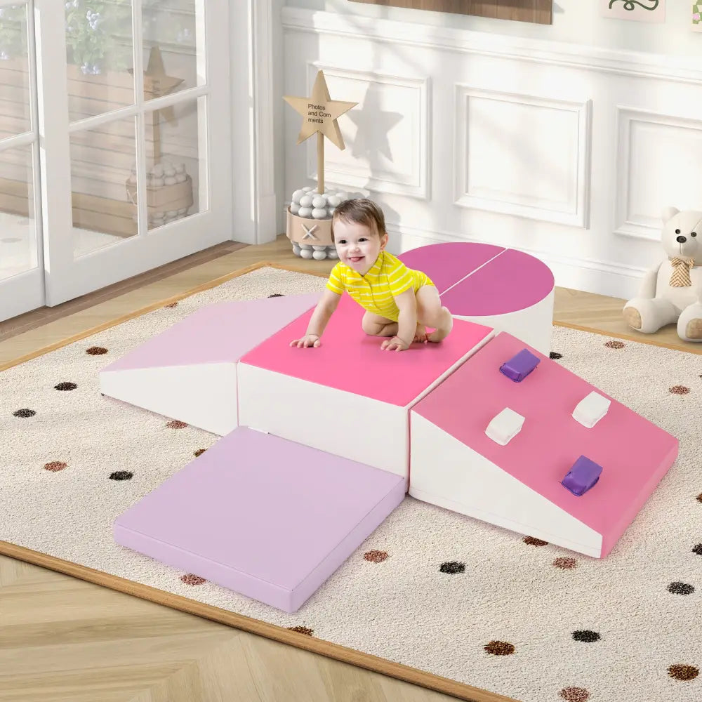 6-Piece Soft Play Set for Toddlers with Climbing Triangle and Ramp-Pink - Pink - Climbers & Slides