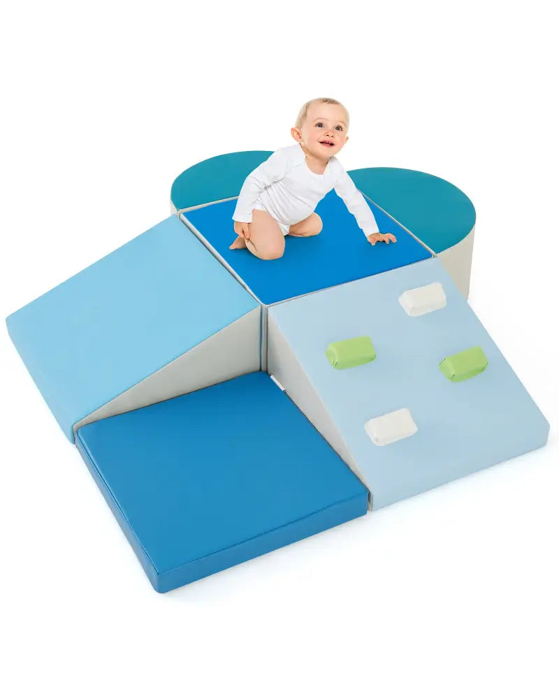 6-Piece Soft Play Set for Toddlers with Climbing Triangle and Ramp-Blue - Blue - Climbers & Slides