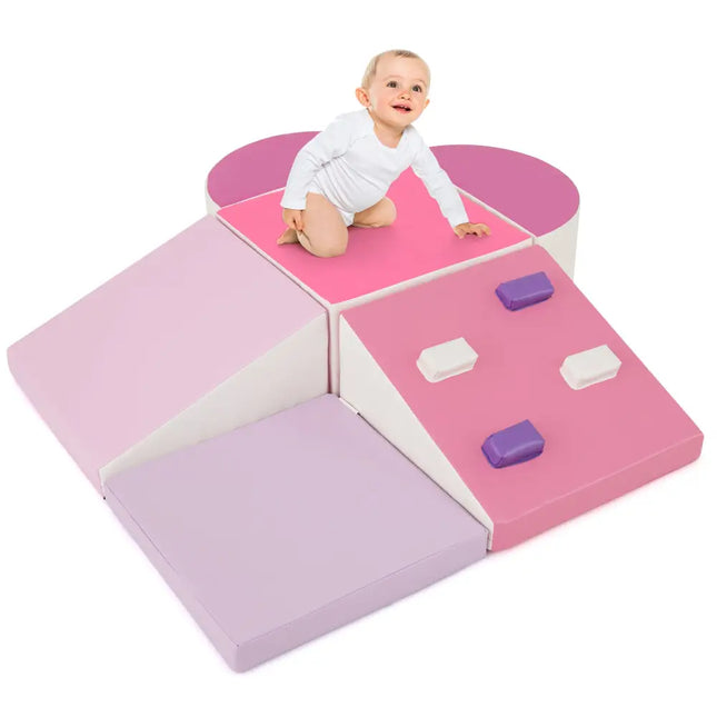 6-Piece Soft Play Set for Toddlers with Climbing Triangle and Ramp-Pink - Pink - Climbers & Slides