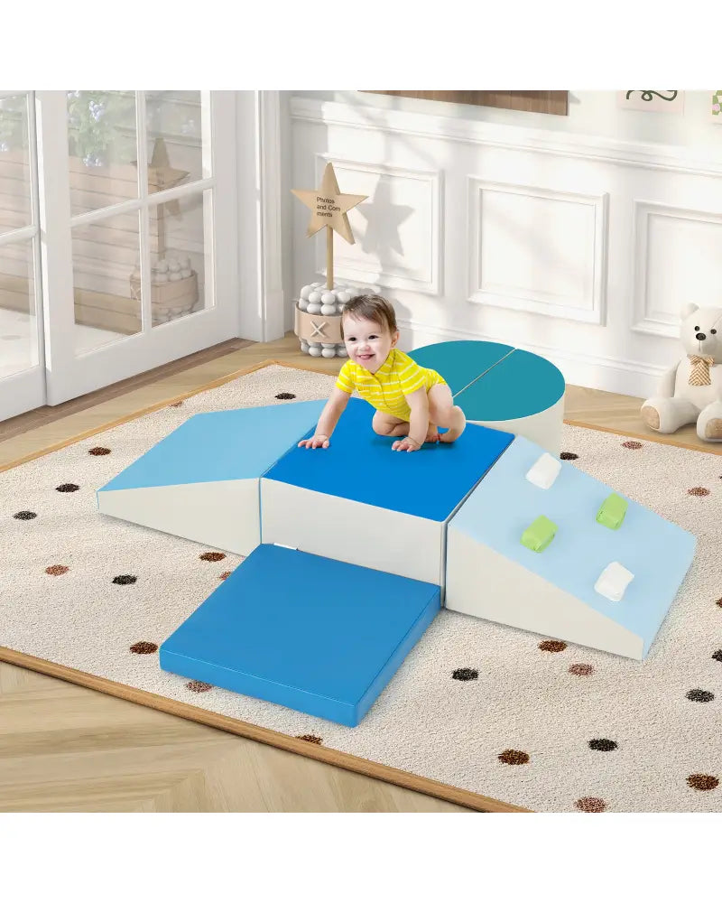 6-Piece Soft Play Set for Toddlers with Climbing Triangle and Ramp-Blue - Blue - Climbers & Slides