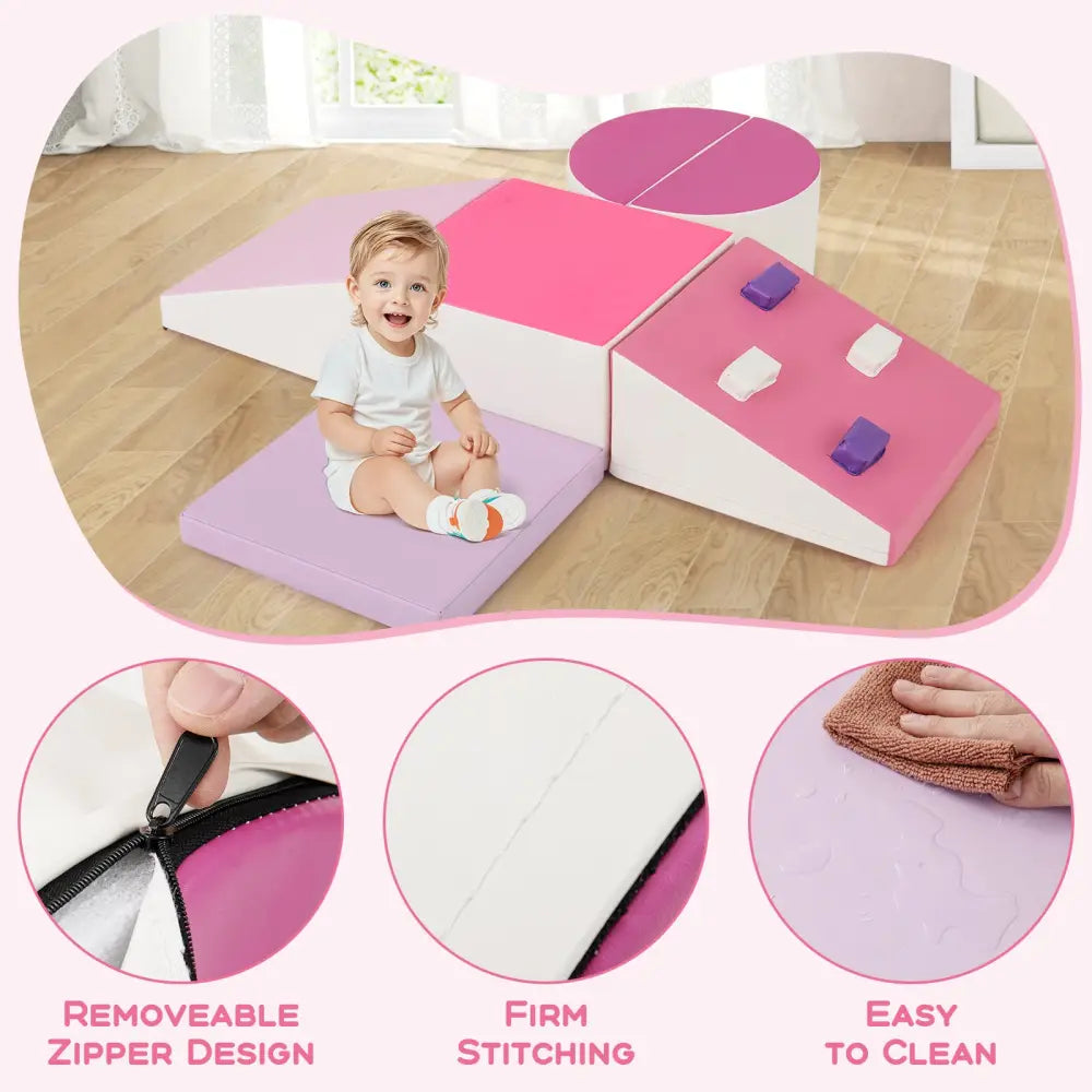 6-Piece Soft Play Set for Toddlers with Climbing Triangle and Ramp-Pink - Pink - Climbers & Slides