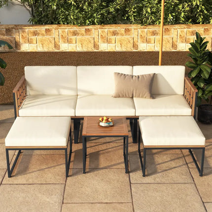 6 Pieces Acacia Wood Patio Furniture Set with Coffee Table and Ottomans-Beige - Beige - Patio Conversation Sets