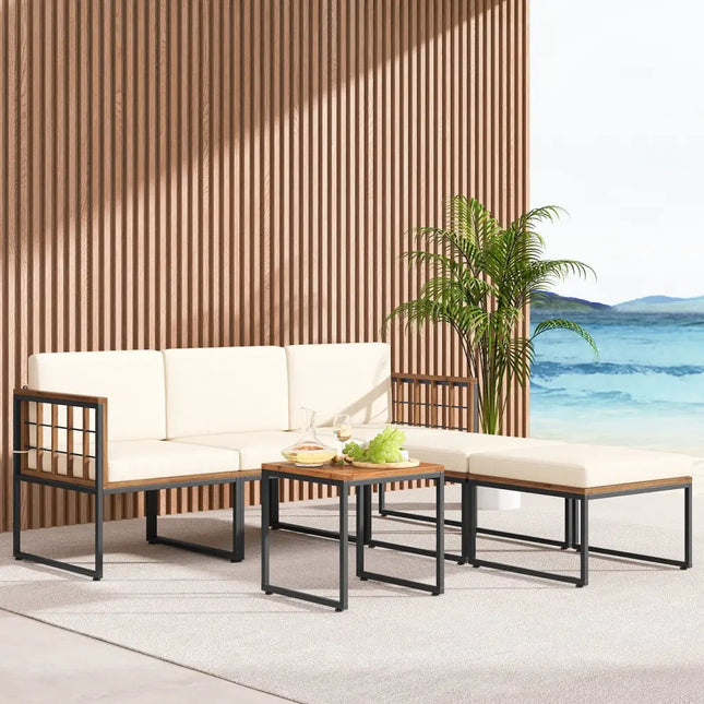 6 Pieces Acacia Wood Patio Furniture Set with Coffee Table and Ottomans-Beige - Beige - Patio Conversation Sets