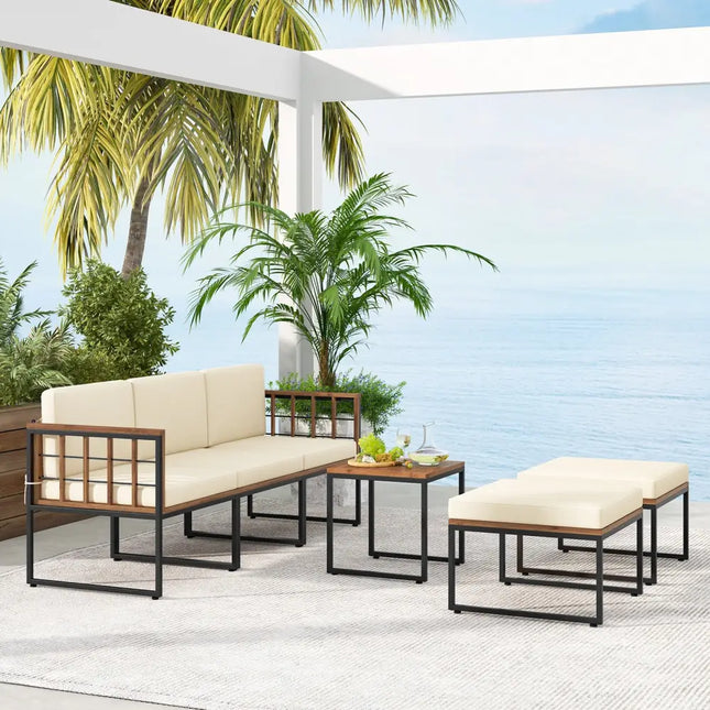 6 Pieces Acacia Wood Patio Furniture Set with Coffee Table and Ottomans-Beige - Beige - Patio Conversation Sets