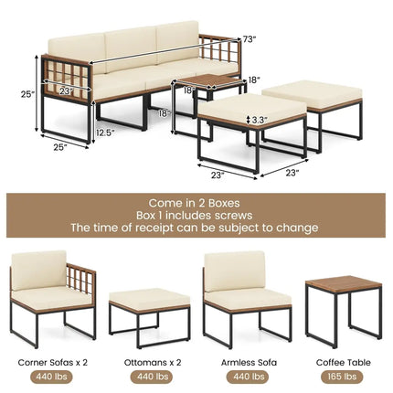 6 Pieces Acacia Wood Patio Furniture Set with Coffee Table and Ottomans-Beige - Beige - Patio Conversation Sets