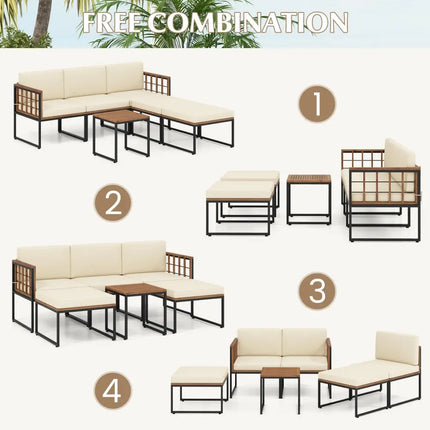 6 Pieces Acacia Wood Patio Furniture Set with Coffee Table and Ottomans-Beige - Beige - Patio Conversation Sets