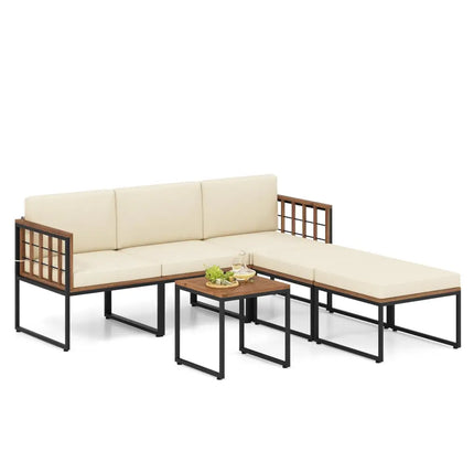 6 Pieces Acacia Wood Patio Furniture Set with Coffee Table and Ottomans-Beige - Beige - Patio Conversation Sets