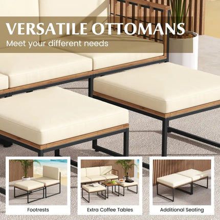6 Pieces Acacia Wood Patio Furniture Set with Coffee Table and Ottomans-Beige - Beige - Patio Conversation Sets