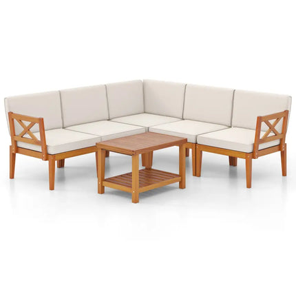 6 Pieces Acacia Wood Patio Furniture Set with Cushions and 2-Tier Coffee Table-White - White - Patio Conversation Sets