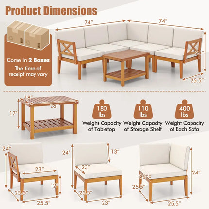 6 Pieces Acacia Wood Patio Furniture Set with Cushions and 2-Tier Coffee Table-White - White - Patio Conversation Sets