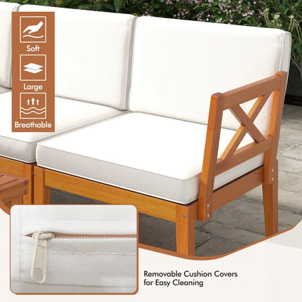 6 Pieces Acacia Wood Patio Furniture Set with Cushions and 2-Tier Coffee Table-White - White - Patio Conversation Sets