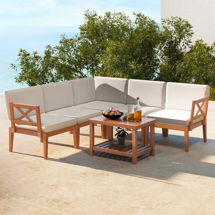 6 Pieces Acacia Wood Patio Furniture Set with Cushions and 2-Tier Coffee Table-White - White - Patio Conversation Sets