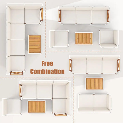 6 Pieces Acacia Wood Patio Furniture Set with Cushions and 2-Tier Coffee Table-White - White - Patio Conversation Sets